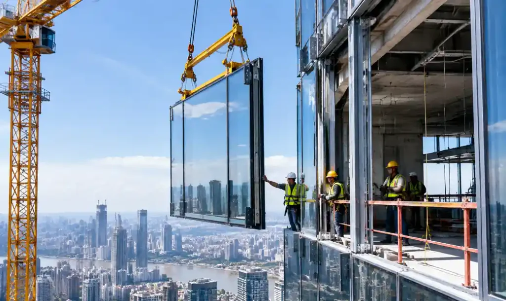 Crane lifting unitized curtain wall panel into position on high-rise building