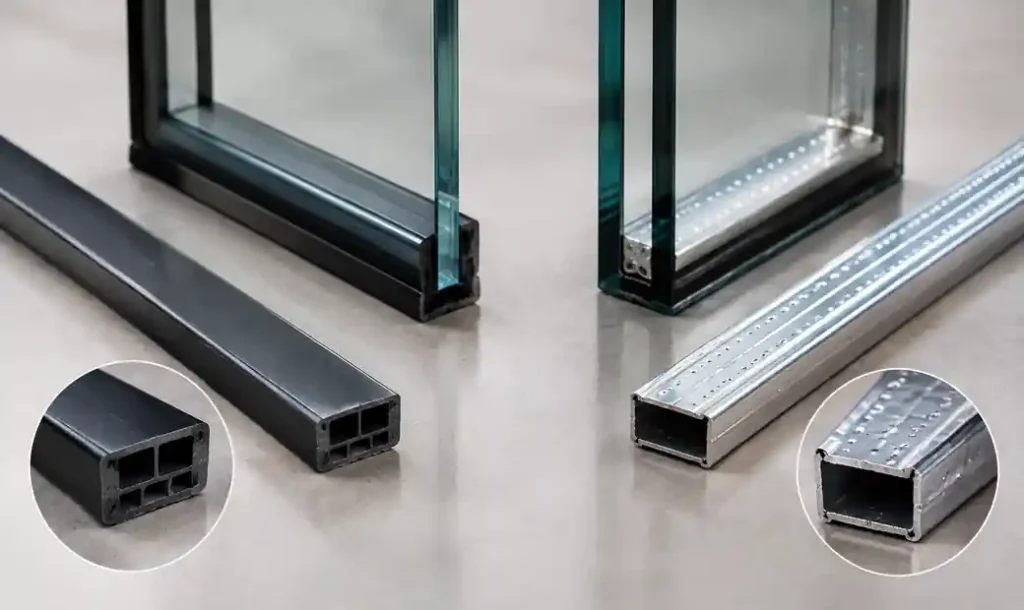 Cross-section comparison of warm edge spacer versus aluminum spacer in IGU assembly