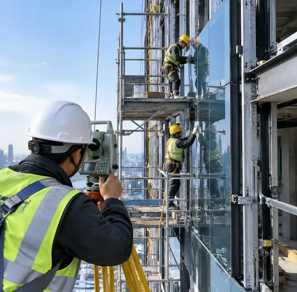Survey team verifying curtain wall panel position with total station theodolite during Shanghai Tower installation