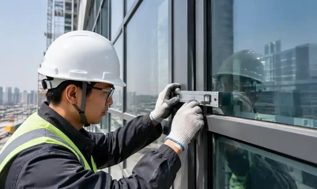 Quality control inspector checking curtain wall installation tolerances