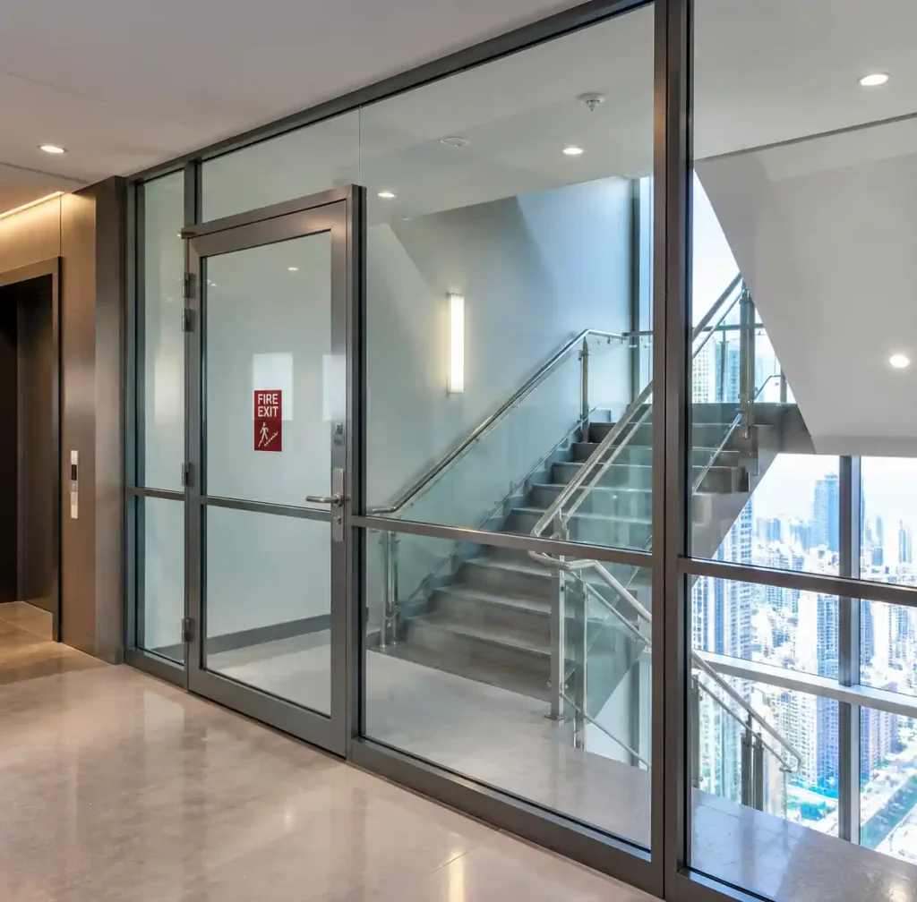Fire-rated glass installation in high-rise egress stair enclosure maintaining transparency