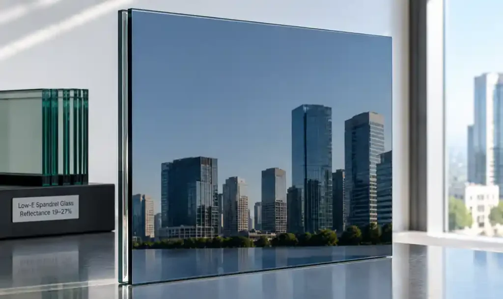 Low-E coated glass for spandrel application showing mid-range reflectance properties