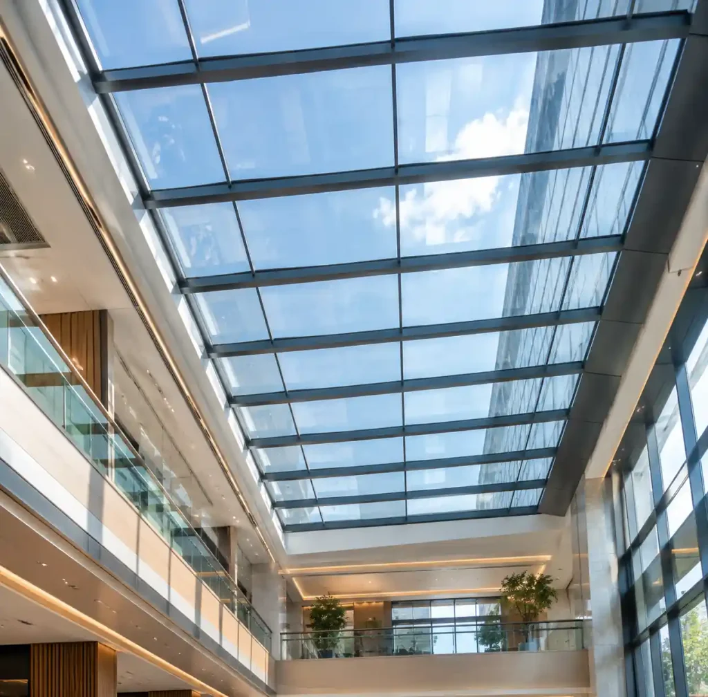 Commercial building overhead glazing skylight with heat soak tested glass