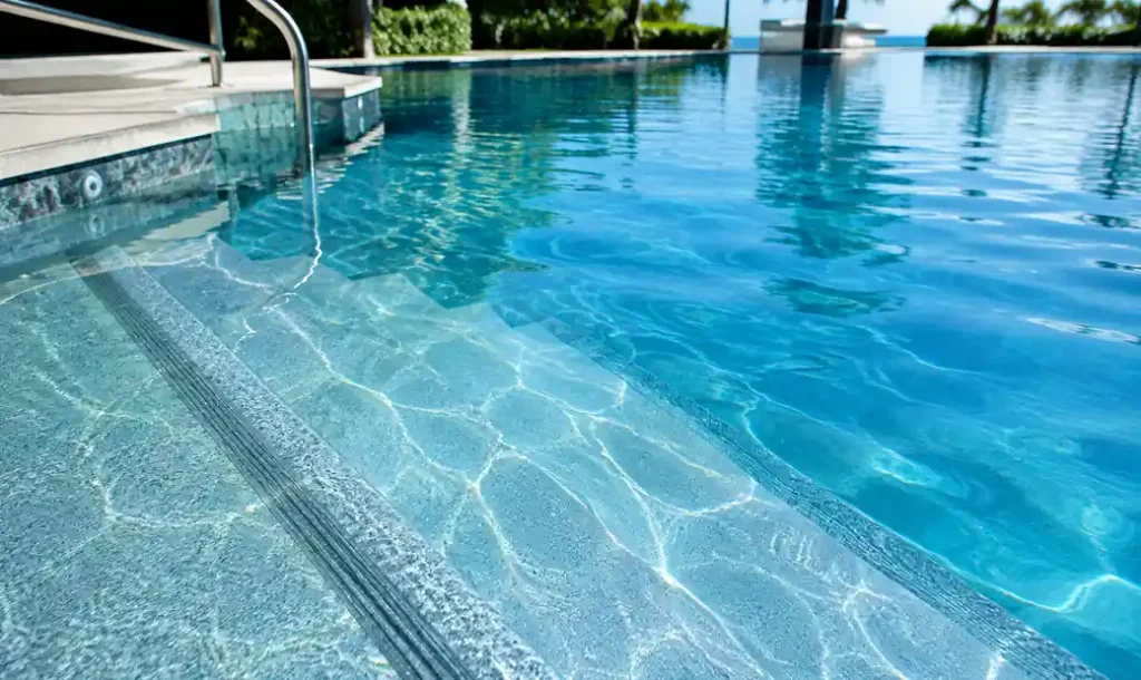 Anti-slip glass in saltwater swimming pool environment