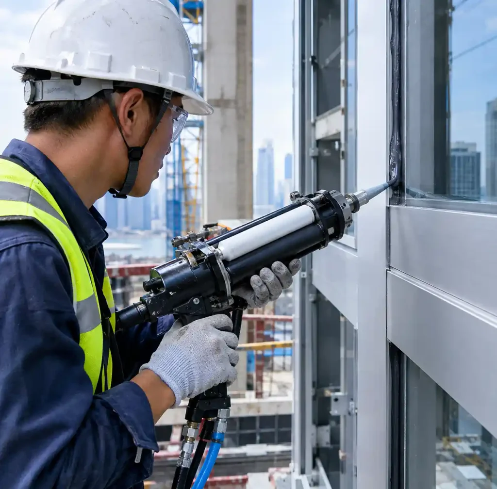 Professional application of structural silicone sealant to curtain wall frame