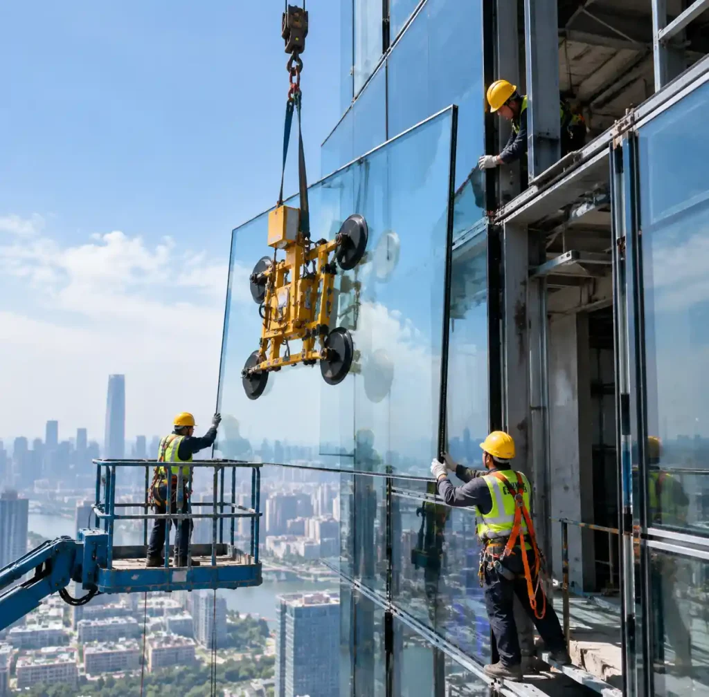Large-format tempered glass panels being installed on commercial building facade