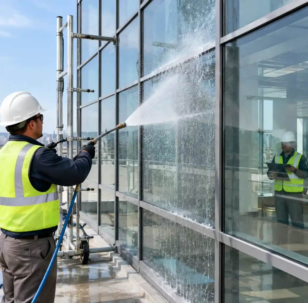 Water leak testing of curtain wall system with spray rack equipment
