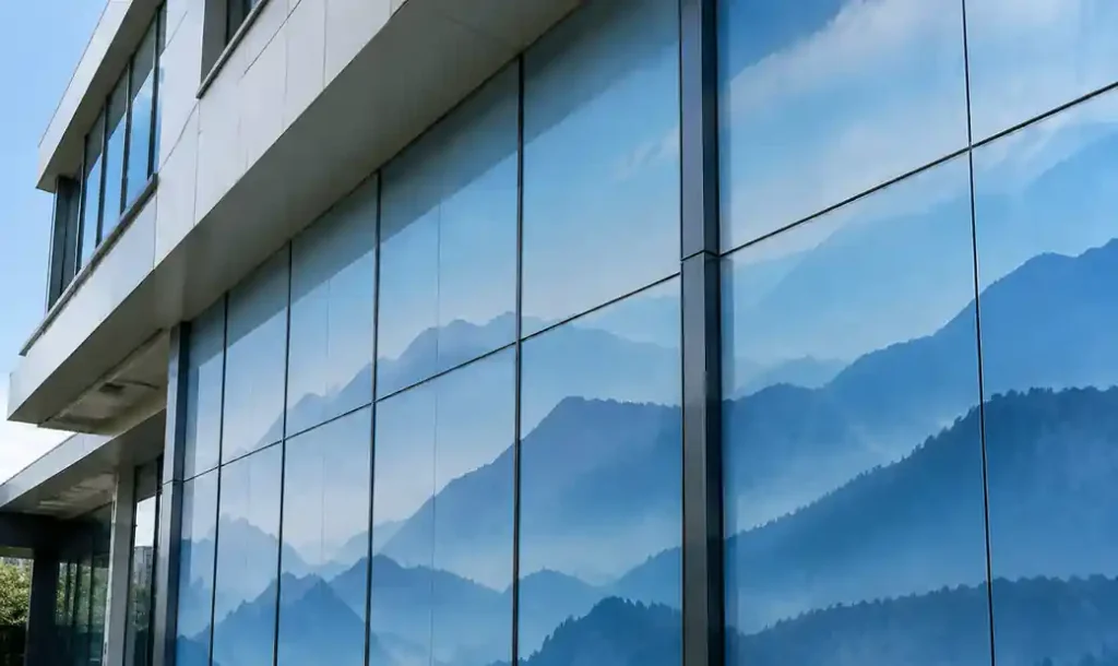 Building facade showing strategic panel joint planning with digital printed glass pattern alignment