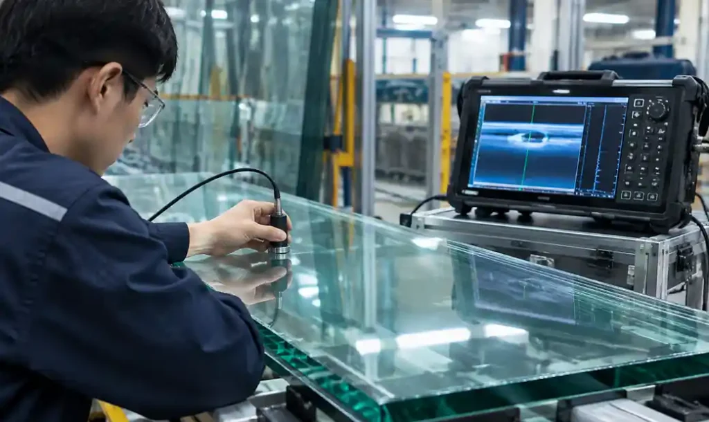 Quality inspection of fire-rated laminated glass panel using ultrasonic testing equipment