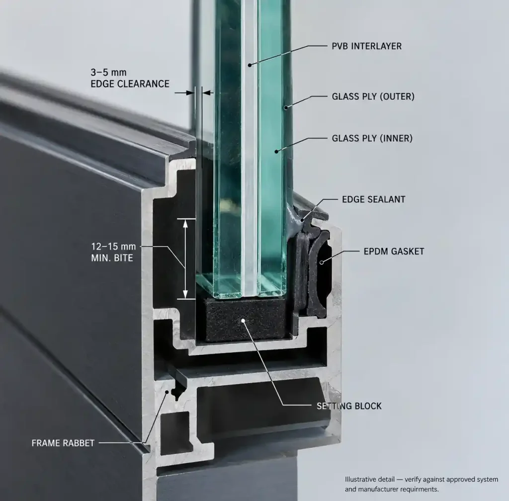 Proper glazing installation detail showing laminated glass edge clearance and bite depth