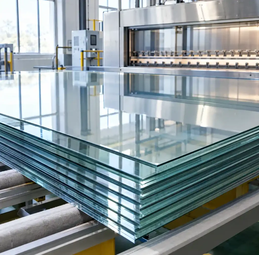 Finished magnetron sputtered Low-E coated glass panels in production facility