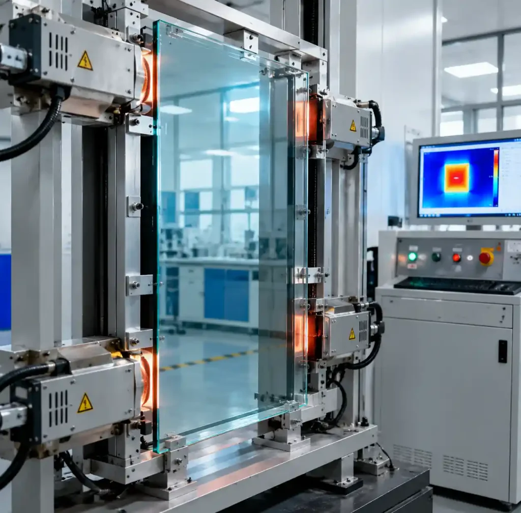 Heat-strengthened spandrel glass undergoing thermal stress testing in quality control lab