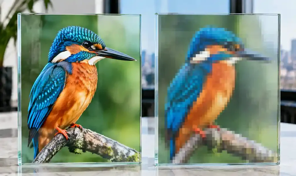 Comparison showing design quality issues from undersized image files on architectural glass