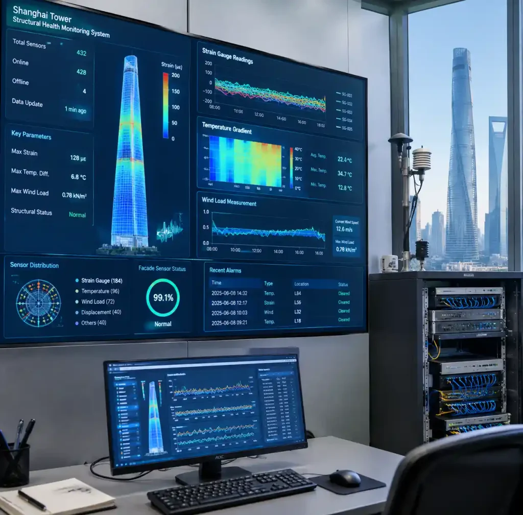 Building management system display showing real-time curtain wall performance data from distributed sensor network