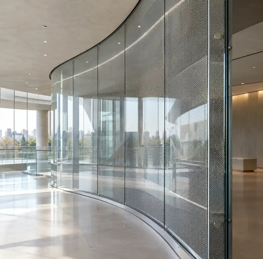 Curved architectural glass facade with metal mesh interlayer in modern building