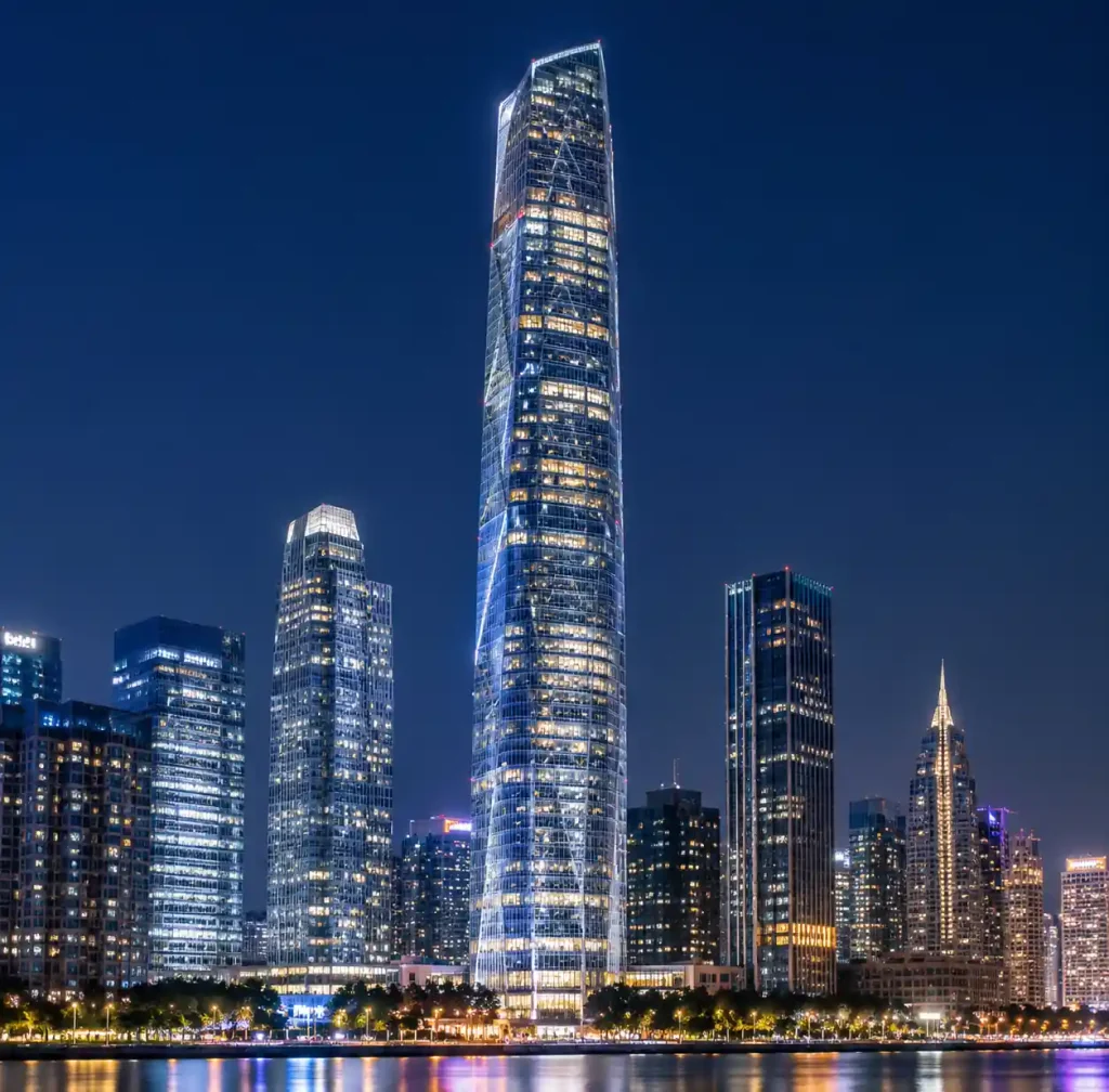 Guangzhou IFC fire-rated glass facade illuminated at night showing transparency