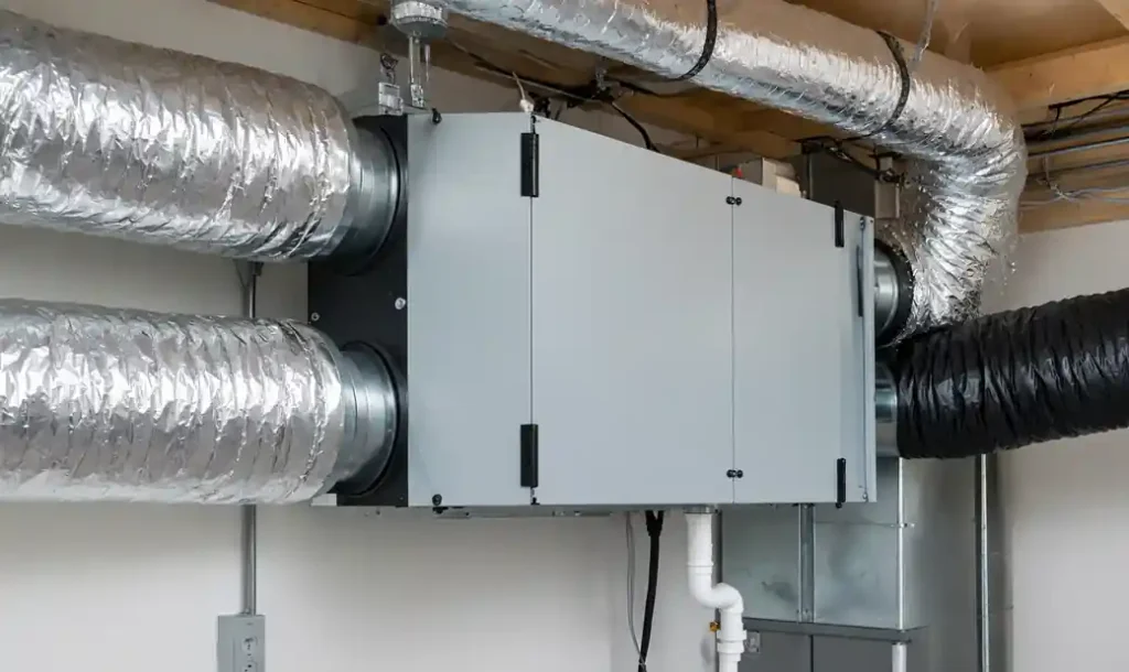 HVAC ventilation system with heat recovery for humidity control in commercial building