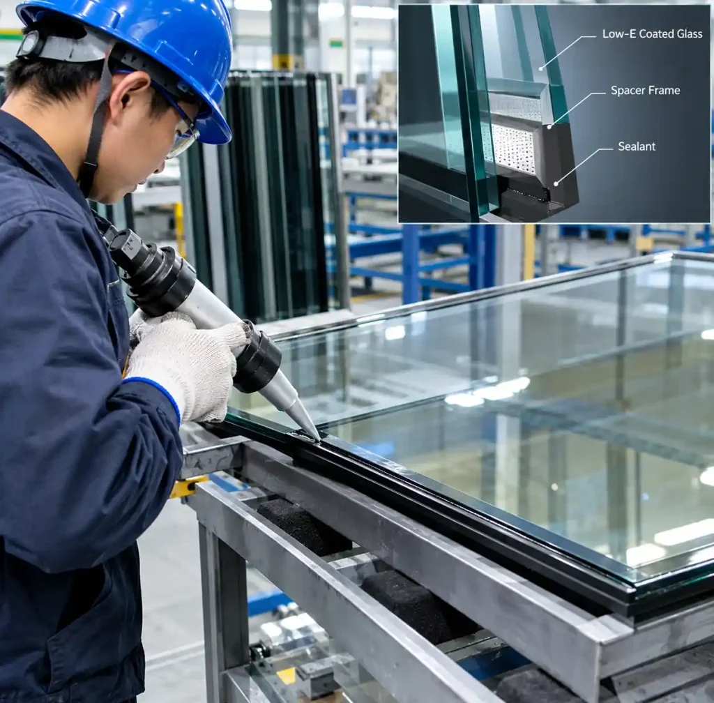Low-E coated glass being assembled into insulated glass unit with edge seal