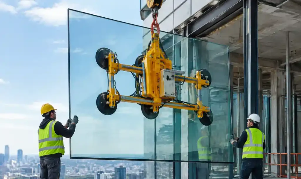 Oversized glass panel being installed with beam-mounted suction lifters
