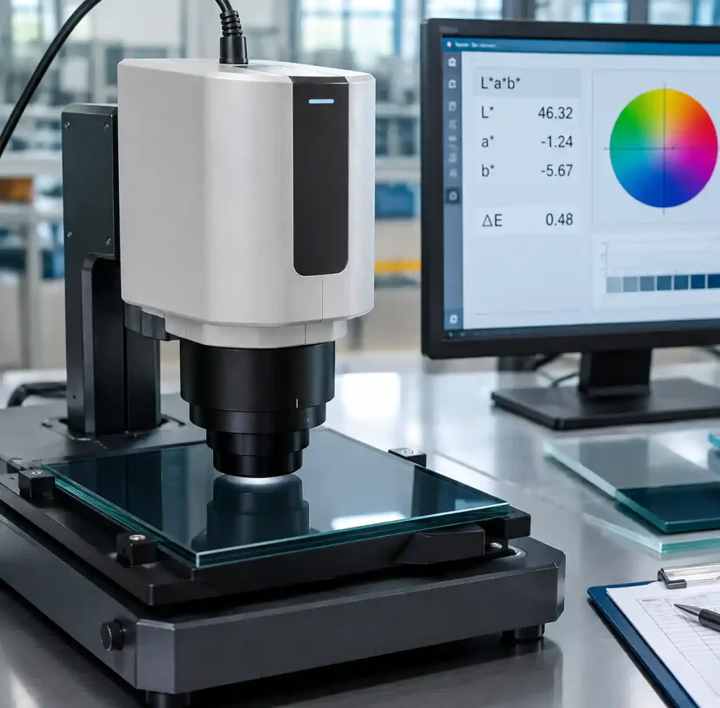 Spectrophotometer measuring color coordinates on spandrel glass for ΔE verification