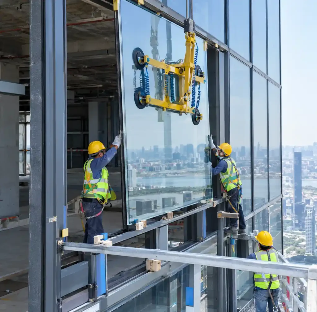 Installation of large glass panel in structural silicone glazing curtain wall system"