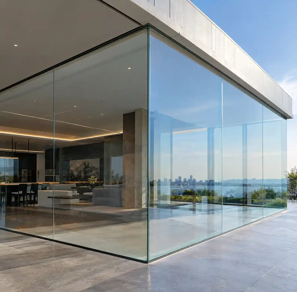 Four-sided structural silicone glazing with continuous glass surface