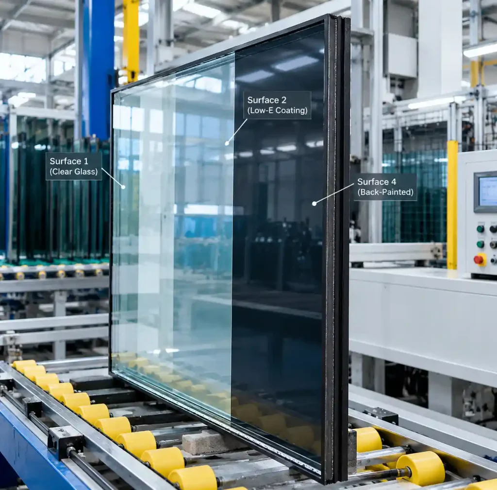 Insulating glass spandrel unit assembly on production line showing dual-pane configuration