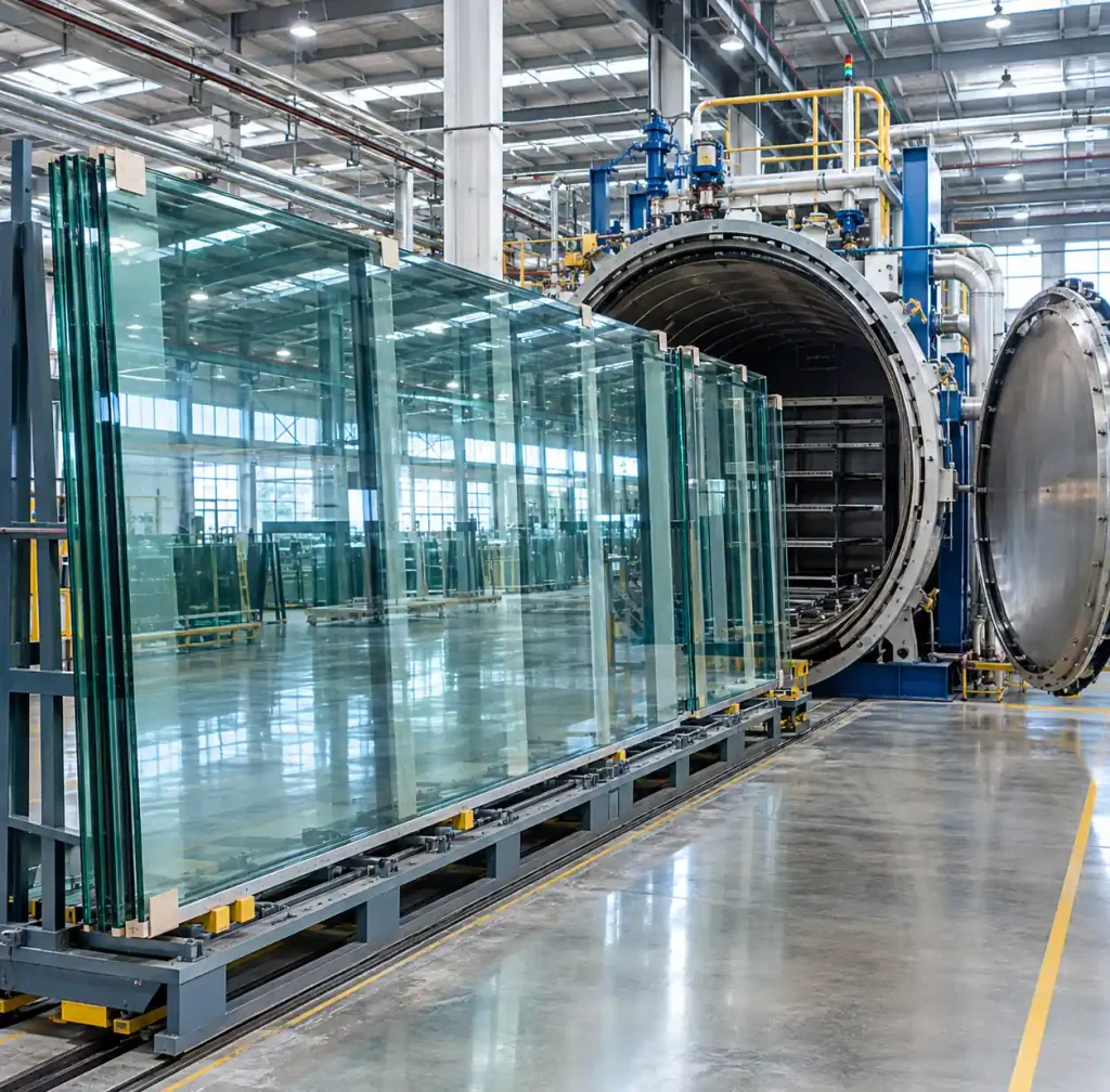 Large-format laminated glass panel in industrial autoclave during manufacturing