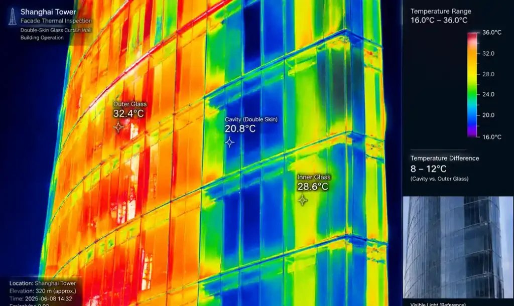 Infrared thermographic image of double-skin facade showing temperature gradient between outer and inner glass layers