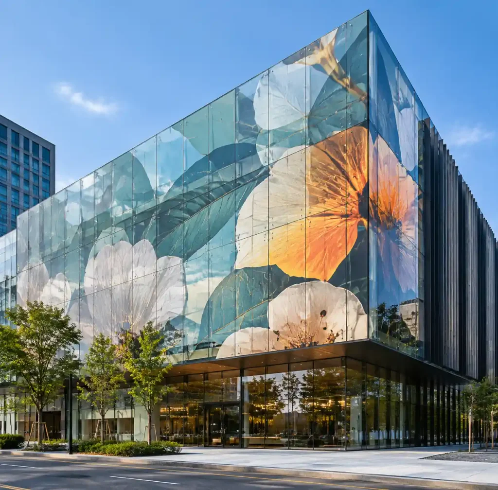 Completed commercial building featuring digital ceramic printed glass facade with custom branding patterns