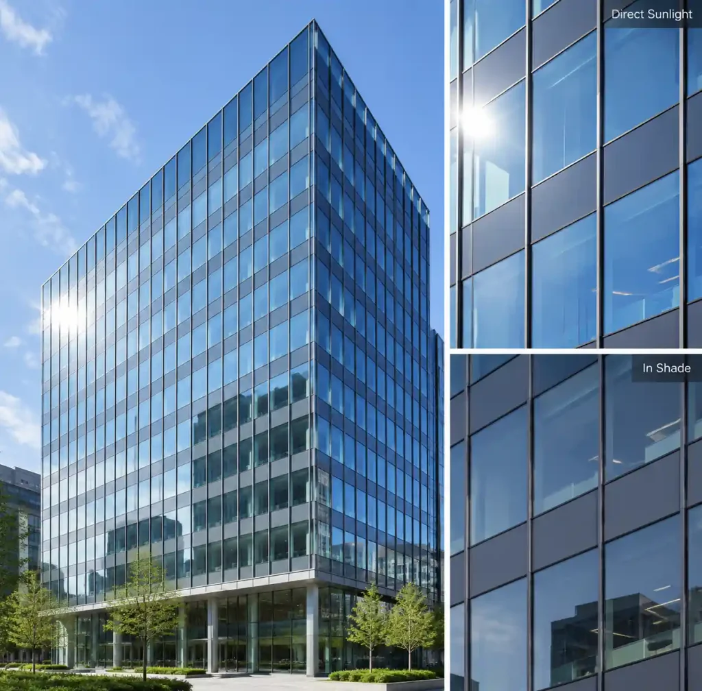 Completed curtain wall system showing seamless integration of spandrel and vision glass with matched appearance