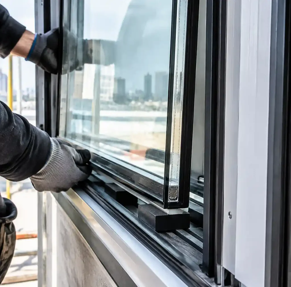 Proper IGU installation showing setting blocks and edge clearance in window frame