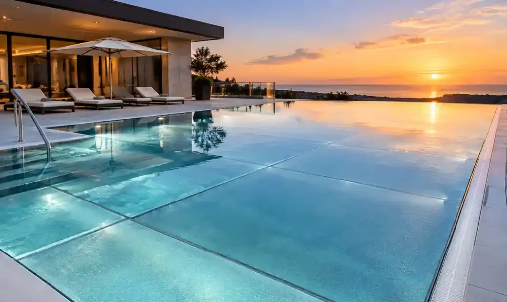 Large-format anti-slip glass panels in commercial pool installation
