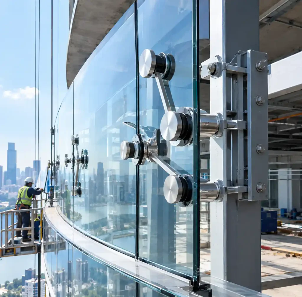 Point-fixed curved glass installation with spider fittings on architectural structure