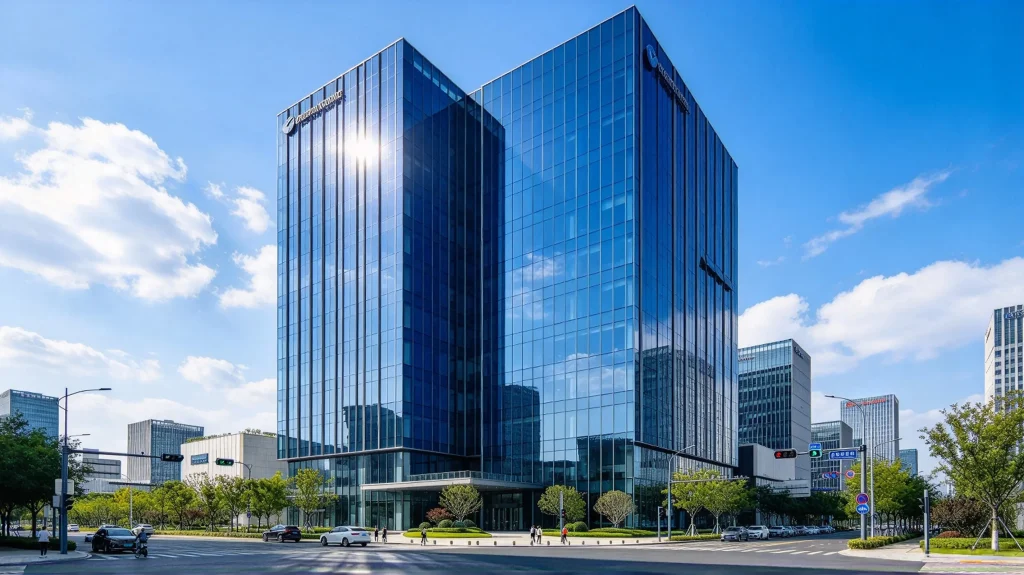 EPC electrochromic glass curtain wall facade on commercial office building in tinted state