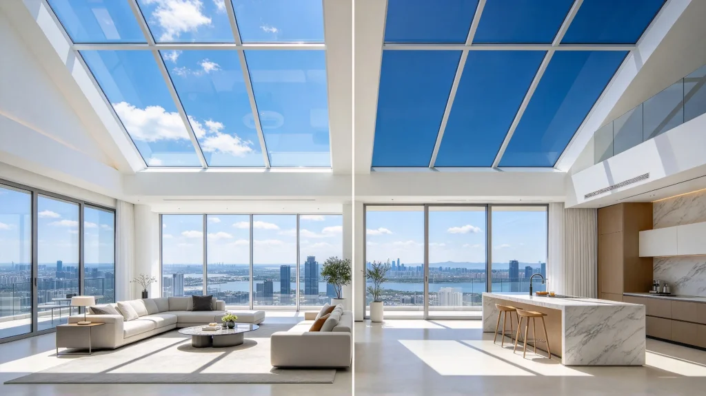 Electrochromic glass skylight in luxury residential home showing clear and tinted states