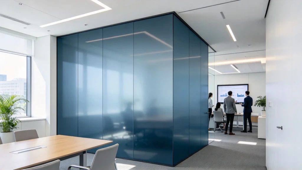 Electrochromic smart glass office partition showing privacy mode in conference room
